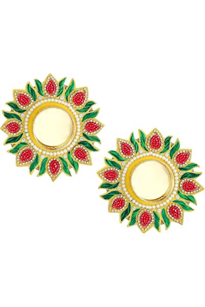 Aditri Creation Set of 2 Decorative Rangoli Mats with T-Light Candle Holder Stand - 4" Yellow