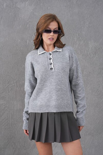 Noi Belis Oversized Polo Collar Half Placket Button Detail Knitwear Sweater Aw25Kz0096