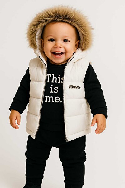 MİLAYS LİFE HOME COLLECTİON Baby Boy Winter down Coat with Hooded Berets Top and Bottom Black 4-Piece Set 100% Cotton