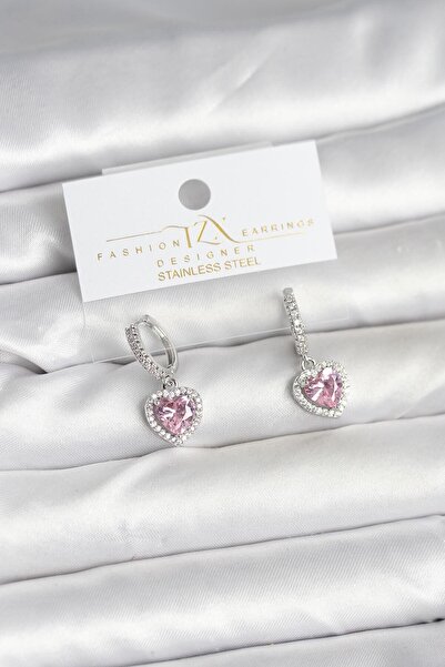Nehir Brass Silver Pink Color Zircon Stone Heart Model Women's Earrings Valen...
