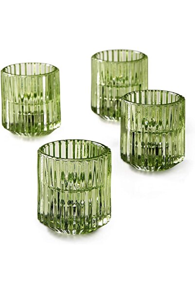 Serene Spaces Living Set of 4 Green Ribbed Glass Votive Holders, 2.25" Tall, ...