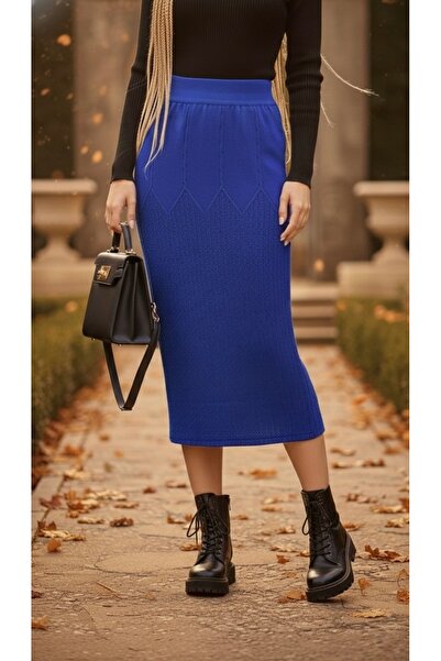 bohostyle Fustă tricotată elastică, lungime 80 cm, croială dreaptă cu despicătură la spate