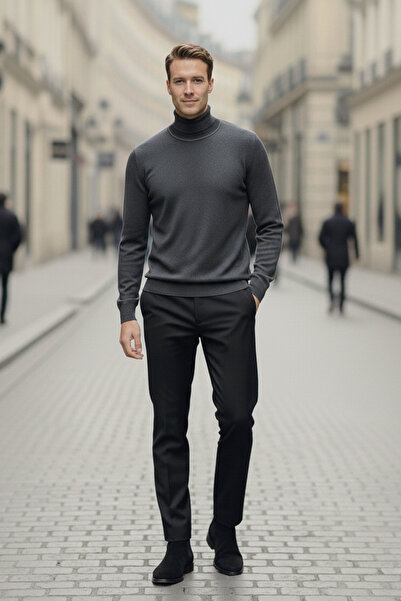 NAZEF Slim Fit 50% Cotton Anthracite Turtleneck Sweater