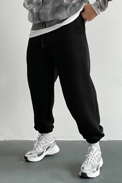THE RULE Men's Winter 3 Thread Ş Fleece-Lined Relaxed Fit Elasticated Cuffs Cotton Black Jogger Sweatpants Rf0549