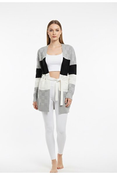 rushana Women's Colorful Pocket Belted Slim Fit Knitwear Cardigan