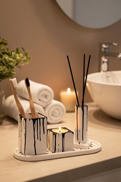 betonmall 4 Piece Concrete Bathroom Set Toothbrush Holder Candle Holder Incense Burner Tray Modern Design
