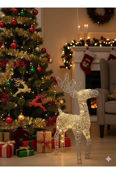 DODOMAR 60 cm Pilli Işıklı Tel Geyik Gümüş Yılbaşı Dekoru – LED Aydınlatmalı ...