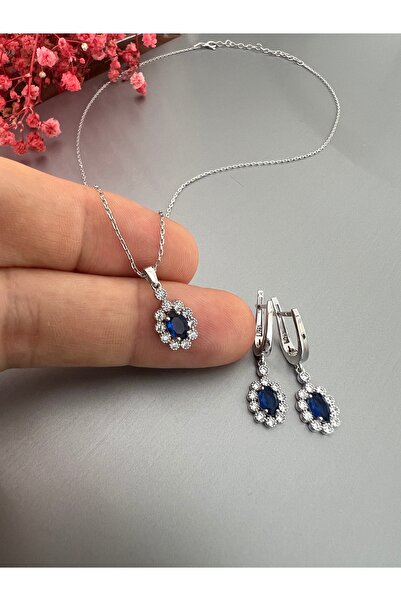 Zeta Jewel Gümüş Safir Oval Taşlı Sallantılı Küpe ve Kolye Seti
