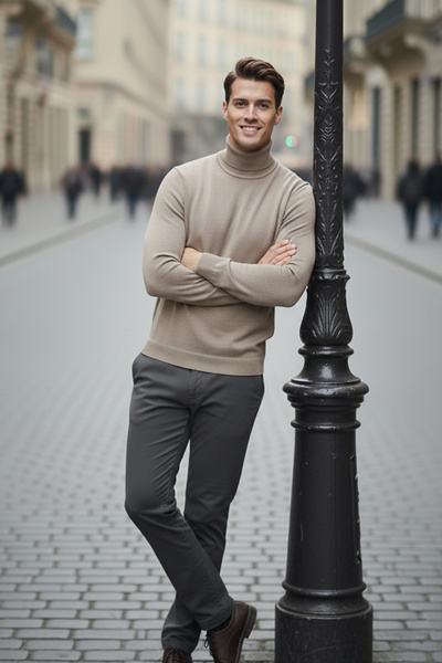 NAZEF Slim Fit 50% Cotton Mink Turtleneck Sweater