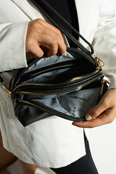 Morpelikan Women's Cross Strap 3 Compartment Double Metal Zipper Gold Accessory Shoulder Bag