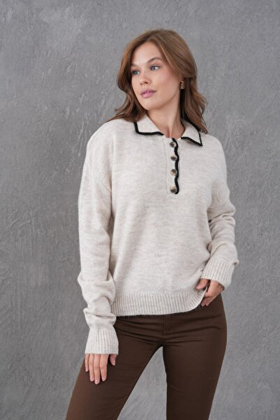 Noi Belis Oversized Polo Collar Half Placket Button Detail Knitwear Sweater Aw25Kz0096