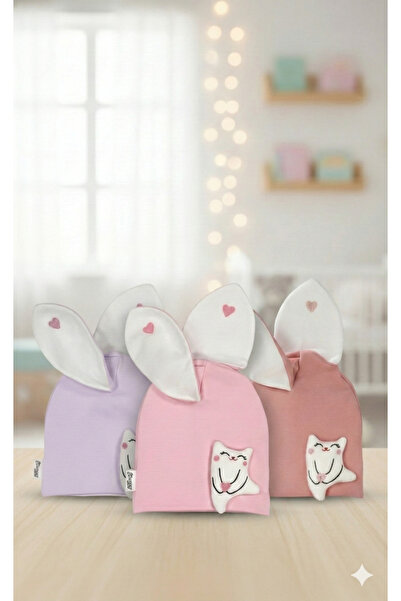 CloudStone Kız Bebek 3'lü Avantajlı Renkli Tavşan Kulaklı Penye Bere Seti