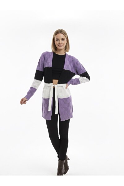 rushana Women's Colorful Pocket Belted Slim Fit Knitwear Cardigan