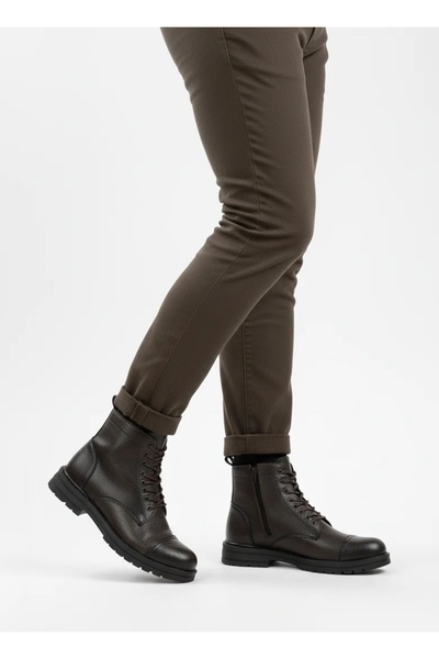 MODANI SEÇ Erkek Kürklü Suni Deri Bağcıklı Askeri Postal Bot – Siyah/Kahve/Ta...