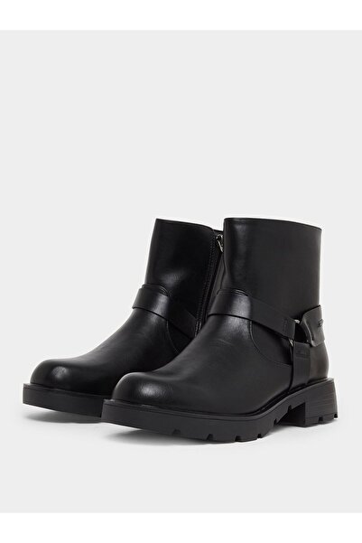 Styli Black Buckle Ankle Boots