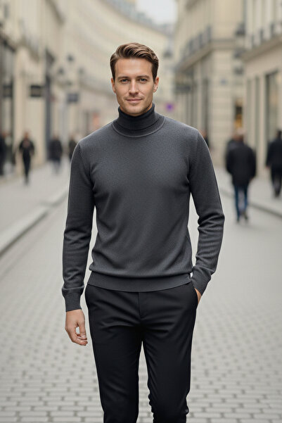 NAZEF Slim Fit 50% Cotton Anthracite Turtleneck Sweater
