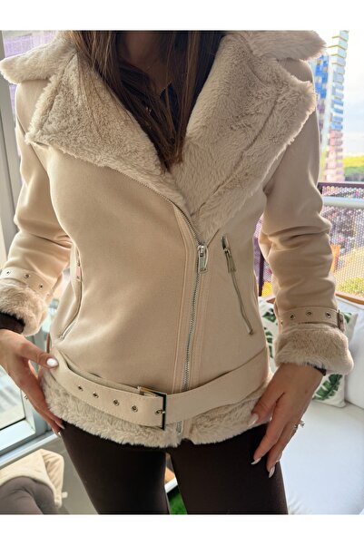 Ceyz no:1 Kürk Yakalı Siyah Süet Ceket