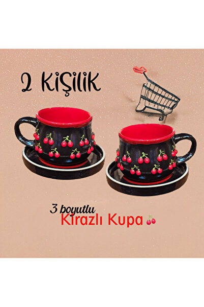 ENSART ( 2 Lİ )3 boyutlu Tabaklı Kiraz Desenli Kupa Bardak (EL İŞİ)