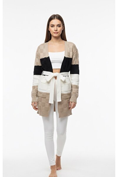 rushana Women's Colorful Pocket Belted Slim Fit Knitwear Cardigan