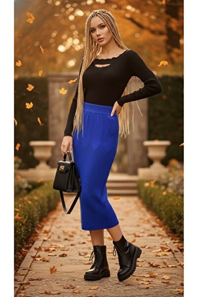 bohostyle Fustă tricotată elastică, lungime 80 cm, croială dreaptă cu despicătură la spate