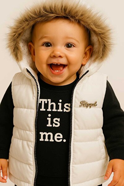 MİLAYS LİFE HOME COLLECTİON Baby Boy Winter down Coat with Hooded Berets Top and Bottom Black 4-Piece Set 100% Cotton