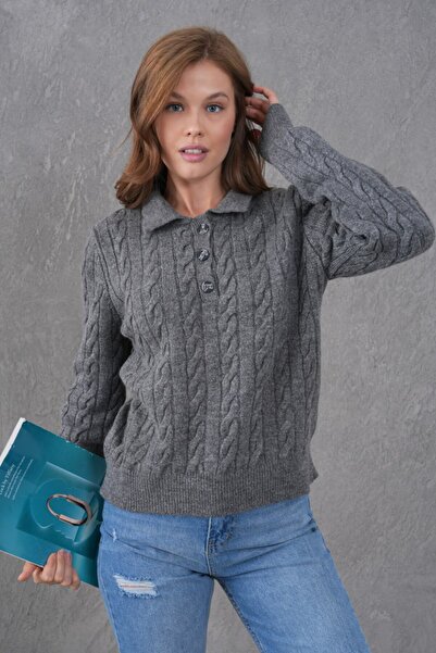 Noi Belis Hair Braid Detail Half Placket Button Polo Neck Knitwear Sweater Aw25Kz0097