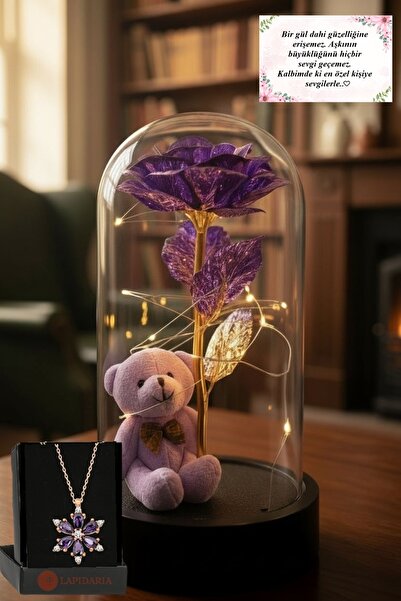 Lapidaria Mor Ayıcık ile Mor Sonsuzluk Güllü Led Işıklı Fanus ve Lotus Kamelya Çiçeği Kolye Sevgiliye Hediye