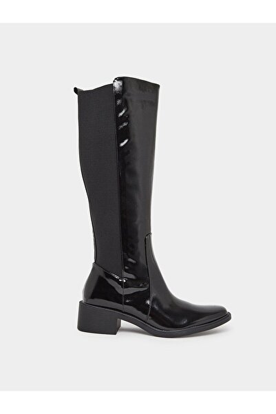 Styli Black Patent Knee-High Boots with Gusset