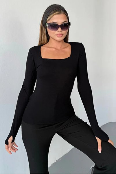 jeneric Black Square Neck Finger Detail Buzzy Fabric Slim Fit Body-Blouse
