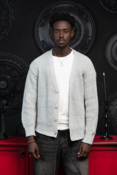 AKÇAYLAR Oversized Crop Model V-Neck Button Closure Knitted Cardigan