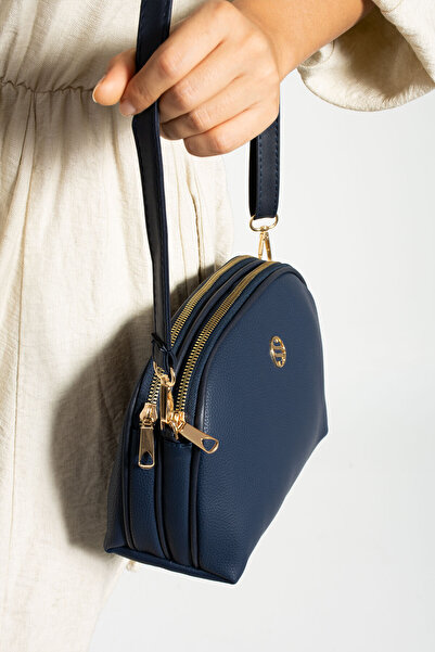 Morpelikan Women's Cross Strap 3 Compartment Double Metal Zipper Gold Accessory Shoulder Bag