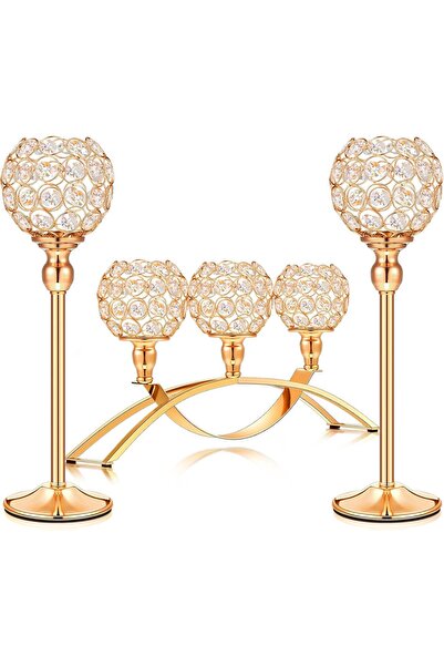 KASTWAVE حاملات شموع من الكريستال الذهبي، مجموعة شمعدانات صغيرة بثلاثة أذرع