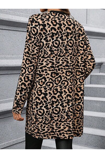buğrahayalin Women's Long Sleeve Open Front Leopard Print Modal Coat
