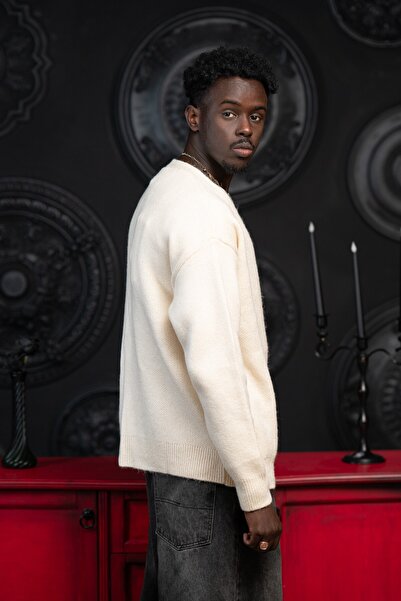 AKÇAYLAR Oversized V-Neck Button Closure Casual Model Cardigan