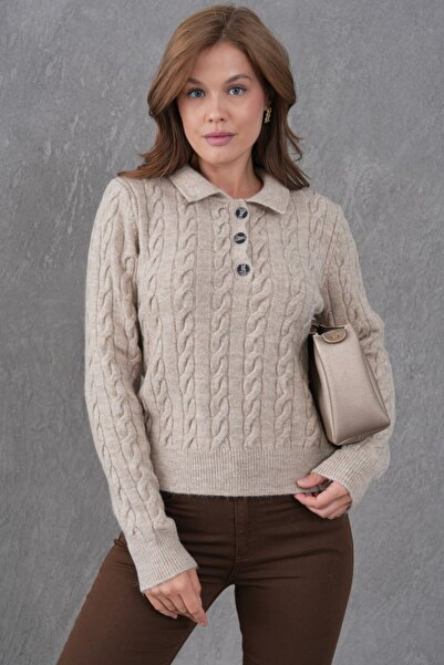 Noi Belis Hair Braid Detail Half Placket Button Polo Neck Knitwear Sweater Aw25Kz0097