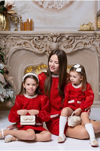 kiddos.ro Red tweed mother-daughter dress set with organza puff sleeves, Vanessa
