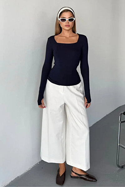 jeneric Navy Blue Square Neck Finger Detail Buzzy Fabric Slim Fit Body-Blouse