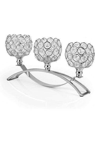 VINCIGANT Silver Crystal 3-Arm Candelabra Candle Holder, 14cm Height