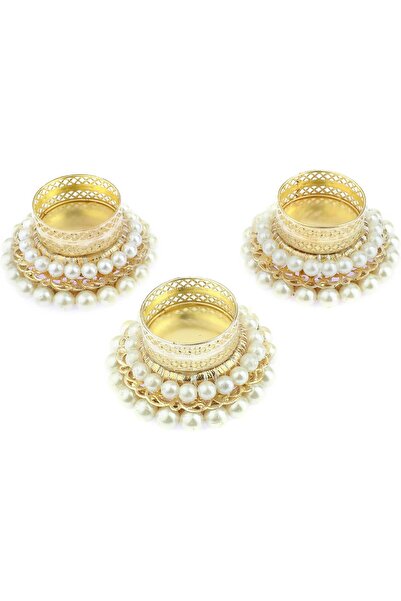 Aditri Creation Set of 3 Pearl Moti Tealight Holders (3 inch, White & Golden)