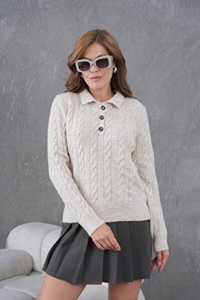 Noi Belis Hair Braid Detail Half Placket Button Polo Neck Knitwear Sweater Aw25Kz0097