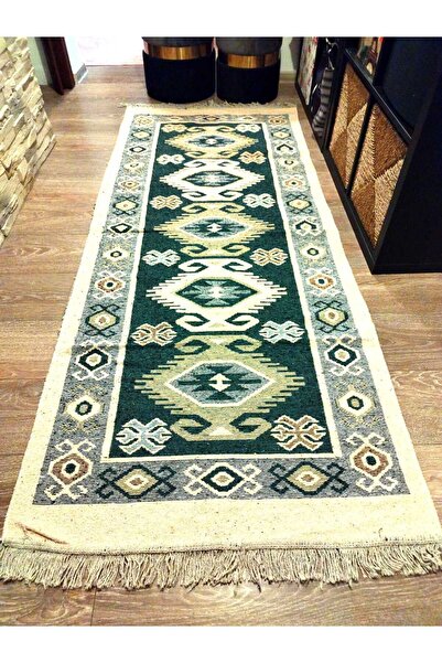 OEM Traditional woven rug, double-sided, size 80 x 200 cm, green and cream 001