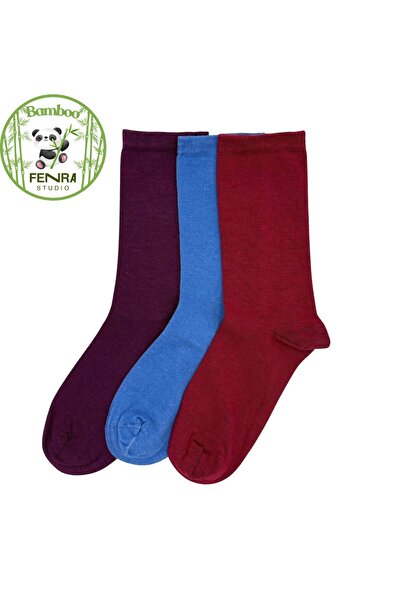 FENRA STUDIO Women's 3-Piece Natural Bamboo Yarn Socks Red-Purple-Blue
