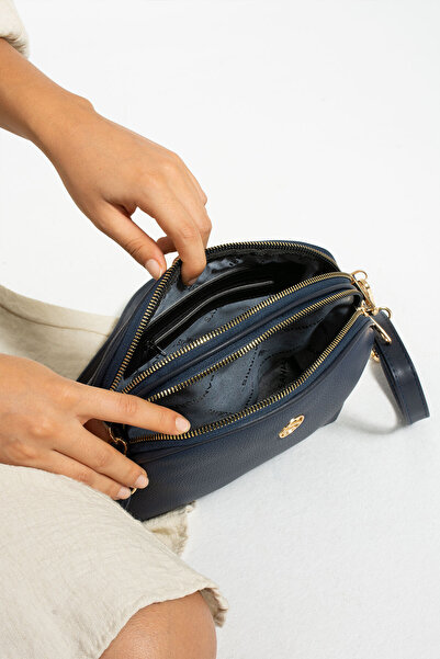 Morpelikan Women's Cross Strap 3 Compartment Double Metal Zipper Gold Accessory Shoulder Bag