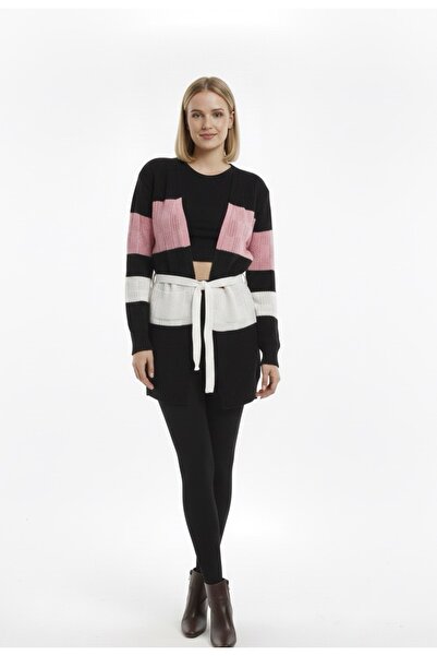 rushana Women's Colorful Pocket Belted Slim Fit Knitwear Cardigan