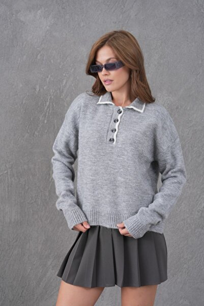 Noi Belis Oversized Polo Collar Half Placket Button Detail Knitwear Sweater Aw25Kz0096
