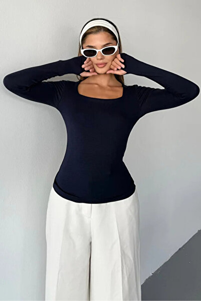 jeneric Navy Blue Square Neck Finger Detail Buzzy Fabric Slim Fit Body-Blouse