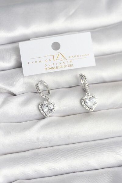 Marsilyan Brass Silver Color Zircon Stone Heart Model Women's Earrings Ieg-8975