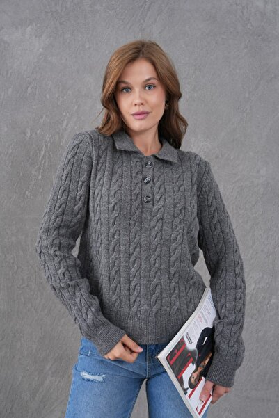 Noi Belis Hair Braid Detail Half Placket Button Polo Neck Knitwear Sweater Aw25Kz0097