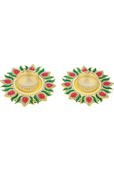 Aditri Creation Set of 2 Decorative Rangoli Mats with T-Light Candle Holder Stand - 4" Yellow