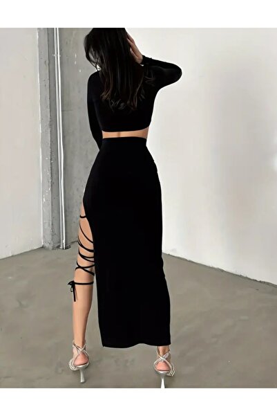 MAROVOAY Deep Slit Long Skirt with Tie at the Ankle